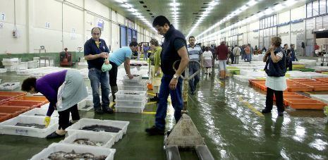 Vista general del interior de una lonja de pescado en plena actividad. Operarios y compradores se mueven entre hileras de cajas blancas y naranjas llenas de pescado fresco dispuestas sobre el suelo mojado. En primer plano, un trabajador maneja un transpaleta manual, mientras otros revisan el producto en una escena que refleja el trabajo diario y la logística del sector pesquero.