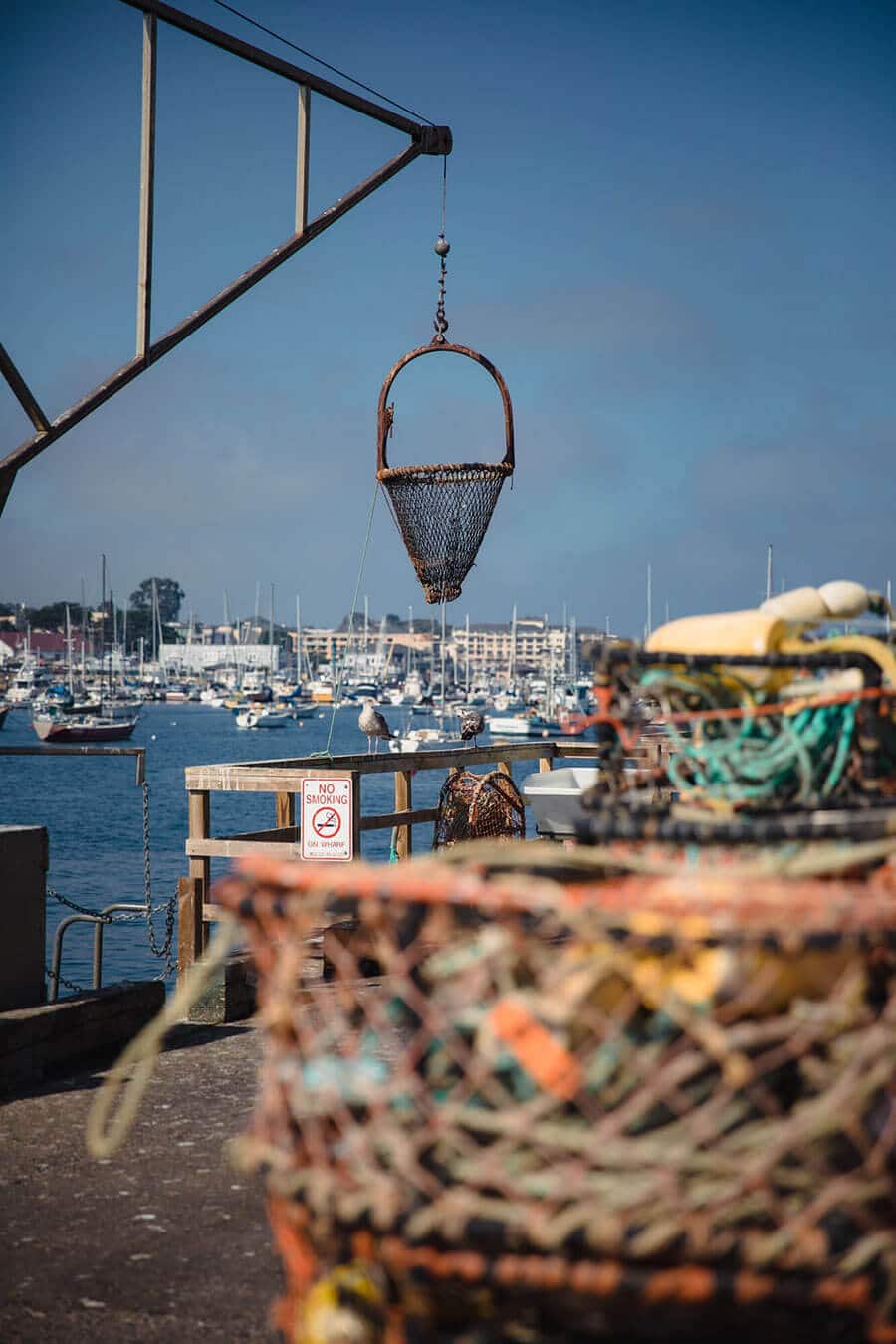 Primer plano desenfocado de redes de pesca en un muelle, con una red cónica colgada de una estructura metálica en el centro y un puerto deportivo lleno de barcos al fondo bajo un cielo despejado.