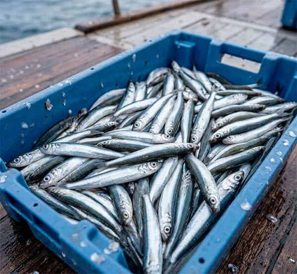 Caja azul repleta de peones plateados brillantes recién pescados.